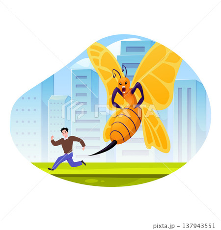 A man is running from a bee monster that wants to sting him against the background of a city vector flat illustration A man is running from a bee monster that wants to sting him against the background of a city vector flat illustration 137943551