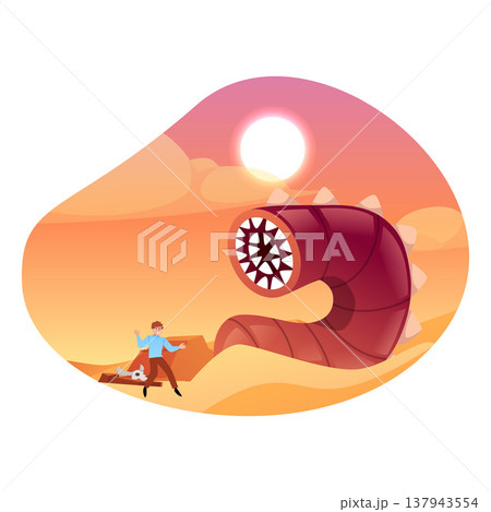 Insect monster scares a man on desert landscape, vector cartoon scary fantasy huge worm with head made of fangs attacks 137943554