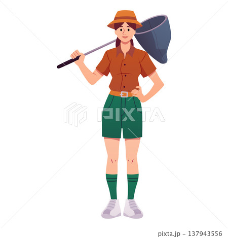 Woman entomologist holding butterfly net with handle, vector cartoon entomology equipment net scoop for catching insects Woman entomologist holding butterfly net with handle, vector cartoon entomology equipment net scoop for catching insects 137943556