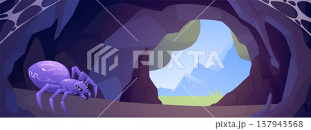 Stone cave entrance and insect monster, vector cartoon scary spider with many eyes and fangs, creepy fantasy bug 137943568