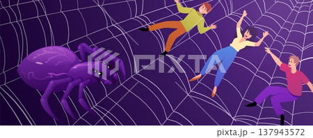 Insect monster, vector cartoon scary spider many eyes and fangs caught prey people in web trap, dangerous bug predator 137943572