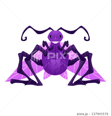 Insect monster flat vector icon, cartoon fantasy scary scary purple moth dragonfly insect with sinister eyes and wings 137943578