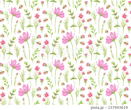 Watercolor seamless pattern with pink flowers, meadow herbs, and bees. Botanical print with floral elements for decor and wallpaper. Summer fresh print for wedding textiles. 137943619