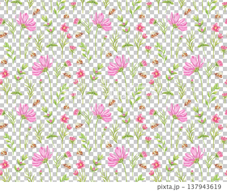 Watercolor seamless pattern with pink flowers, meadow herbs, and bees. Botanical print with floral elements for decor and wallpaper. Summer fresh print for wedding textiles. 137943619