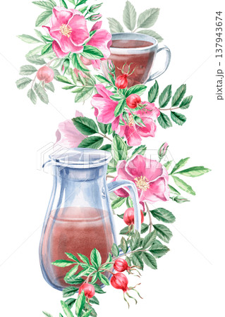 A seamless vertical border with a jug, cup, and rose hips. Isolated watercolor illustration for designs related to natural ingredients, health, herbal medicine, and wedding typography. A seamless vertical border with a jug, cup, and rose hips. Isolated watercolor illustration for designs related to natural ingredients, health, herbal medicine, and wedding typography. 137943674