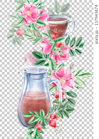 A seamless vertical border with a jug, cup, and rose hips. Isolated watercolor illustration for designs related to natural ingredients, health, herbal medicine, and wedding typography. A seamless vertical border with a jug, cup, and rose hips. Isolated watercolor illustration for designs related to natural ingredients, health, herbal medicine, and wedding typography. 137943674