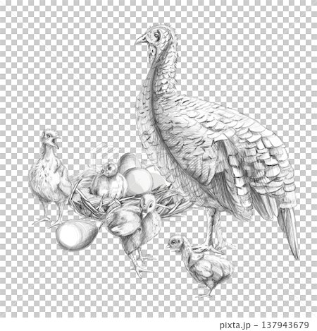 A turkey near a nest where three chicks are dozing. Isolated pencil illustration, suitable for design projects, children's books, postcards, and illustrations for articles on farming. A turkey near a nest where three chicks are dozing. Isolated pencil illustration, suitable for design projects, children's books, postcards, and illustrations for articles on farming. 137943679