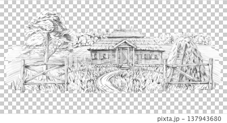 A rural house near the forest, with a wooden fence, haystack, and path. Isolated pencil illustration, suitable for book covers, art albums, and illustrations for articles about rural life. 137943680