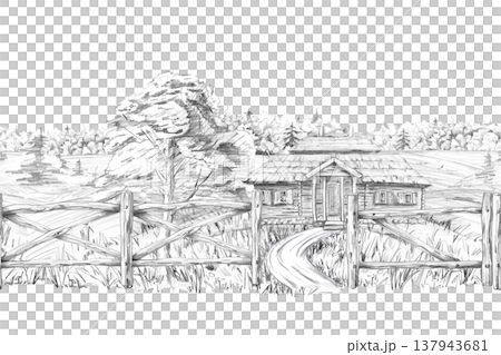 A rural house near a forest, with a wooden fence and a path. Isolated pencil illustration, suitable for book covers, art albums, and illustrations for articles about nature and rural life. A rural house near a forest, with a wooden fence and a path. Isolated pencil illustration, suitable for book covers, art albums, and illustrations for articles about nature and rural life. 137943681
