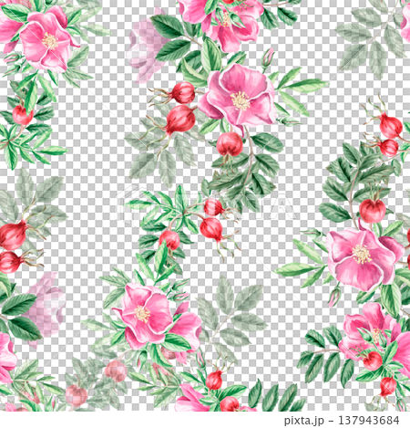 A seamless pattern with vertical bouquets of ripe rose hips, flowers, and leaves. Illustration for vegan products, herbal medicine, natural cosmetics, textiles, and vintage printing. A seamless pattern with vertical bouquets of ripe rose hips, flowers, and leaves. Illustration for vegan products, herbal medicine, natural cosmetics, textiles, and vintage printing. 137943684