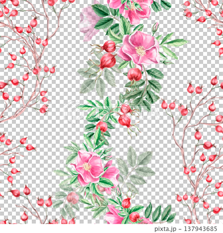 A seamless pattern with vertical branches of ripe rose hips, flowers, and leaves. Illustration for vegan products, herbal medicine, natural cosmetics, textiles, and vintage printing. A seamless pattern with vertical branches of ripe rose hips, flowers, and leaves. Illustration for vegan products, herbal medicine, natural cosmetics, textiles, and vintage printing. 137943685