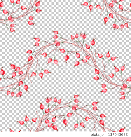 A seamless pattern with horizontal branches of ripe rose hips in a wave shape. Illustration for vegan products, herbal medicine, natural cosmetics, textiles, and vintage printing. 137943688