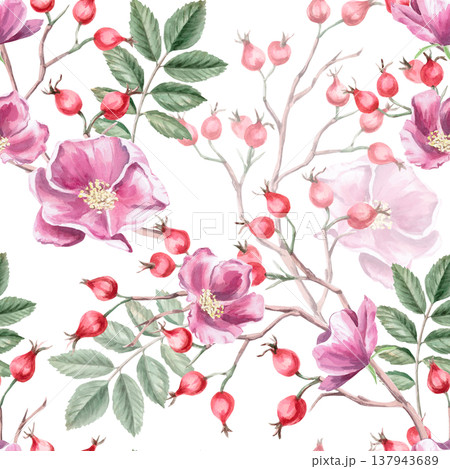 A seamless pattern with branches, flowers, and leaves of ripe rose hips. Illustration for vegan products, herbal medicine, natural cosmetics, vintage printing, children's products, packaging. A seamless pattern with branches, flowers, and leaves of ripe rose hips. Illustration for vegan products, herbal medicine, natural cosmetics, vintage printing, children's products, packaging. 137943689