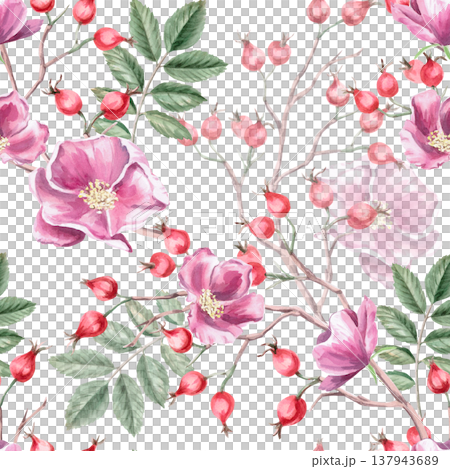 A seamless pattern with branches, flowers, and leaves of ripe rose hips. Illustration for vegan products, herbal medicine, natural cosmetics, vintage printing, children's products, packaging. A seamless pattern with branches, flowers, and leaves of ripe rose hips. Illustration for vegan products, herbal medicine, natural cosmetics, vintage printing, children's products, packaging. 137943689