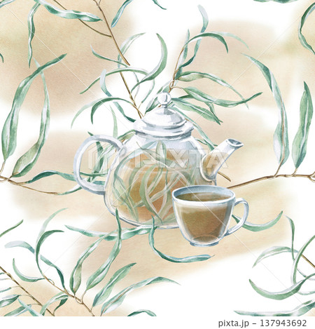 A seamless pattern of a teapot and cup against a background of eucalyptus branches. Watercolor illustration for the design of natural cosmetics, children's products, eco-brands, vintage style . A seamless pattern of a teapot and cup against a background of eucalyptus branches. Watercolor illustration for the design of natural cosmetics, children's products, eco-brands, vintage style . 137943692