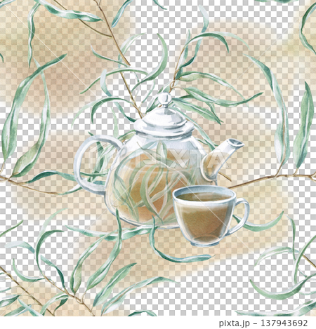 A seamless pattern of a teapot and cup against a background of eucalyptus branches. Watercolor illustration for the design of natural cosmetics, children's products, eco-brands, vintage style . A seamless pattern of a teapot and cup against a background of eucalyptus branches. Watercolor illustration for the design of natural cosmetics, children's products, eco-brands, vintage style . 137943692