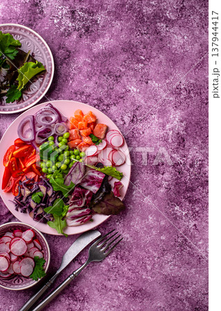 Ketogenic bowl with vegetables and salmon Ketogenic bowl with vegetables and salmon 137944417