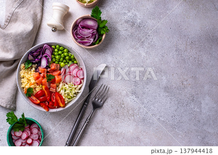 Balanced healthy bowl with vegetables and salmon Balanced healthy bowl with vegetables and salmon 137944418