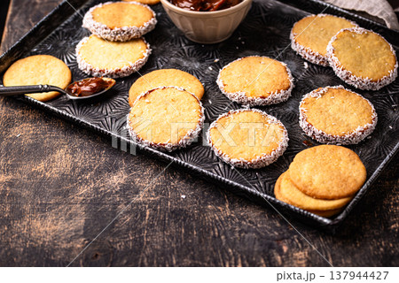 Alfajores, traditional Spanish sandwich cookies Alfajores, traditional Spanish sandwich cookies 137944427