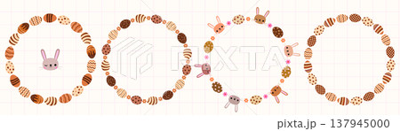 Cute chocolate eggs vector borders with bunny faces and flowers, round spring frames for package design Cute chocolate eggs vector borders with bunny faces and flowers, round spring frames for package design 137945000