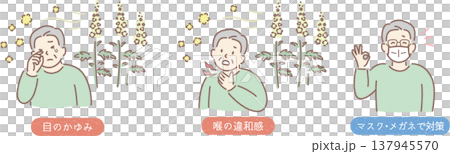 ブタクサ花粉症の症状（目のかゆみ、喉の違和感）メガネ、マスクで対策_図解_高齢男性 137945570