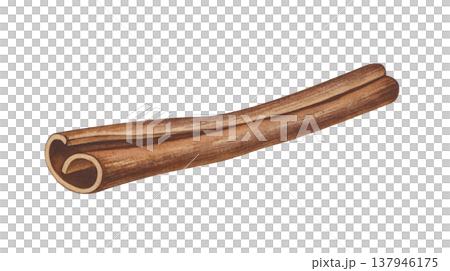Watercolor illustration of a brown twisted cinnamon stick on an isolated background. Realistic drawing of a fragrant ingredient for hot drinks, cooking and aromatherapy. Watercolor illustration of a brown twisted cinnamon stick on an isolated background. Realistic drawing of a fragrant ingredient for hot drinks, cooking and aromatherapy. 137946175