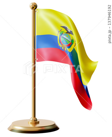 The national flag of Ecuador is displayed on a gold stand. The flag features horizontal stripes of yellow, blue, and red, with the national emblem at the center. This flag represents the country 137946192