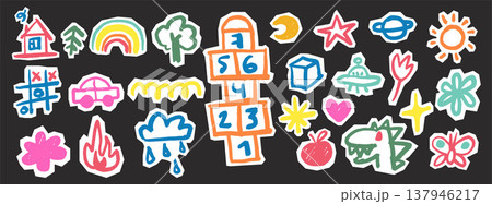 Kids Crayon scrapbook doodles set. Playful retro hand drawn scribble stickers. Childish cutout elements with rough edges, car, rainbow, sun, moon, planets, dinosaur, flowers, butterflies, UFO Kids Crayon scrapbook doodles set. Playful retro hand drawn scribble stickers. Childish cutout elements with rough edges, car, rainbow, sun, moon, planets, dinosaur, flowers, butterflies, UFO 137946217
