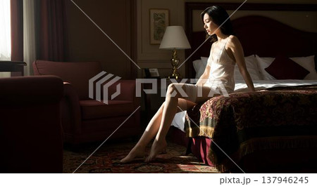 ラグジュアリーホテルのベッドに腰掛ける女性 137946245