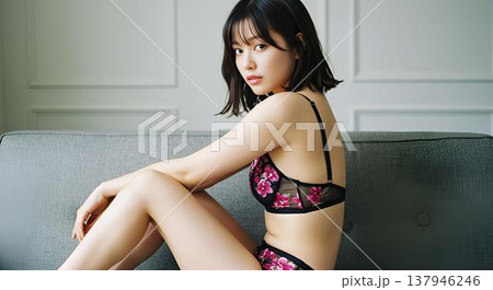 下着姿でソファに腰掛けている女性 137946246