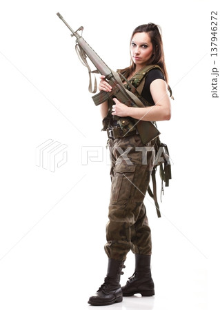 Army Woman With Gun - Beautiful woman with rifle plastic Army Woman With Gun - Beautiful woman with rifle plastic 137946272