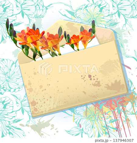 Rainbow hummingbirds with grunge vintage envelope message on the splash background with flowers Rainbow hummingbirds with grunge vintage envelope message on the splash background with flowers 137946307