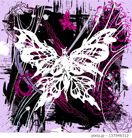 Vector pictorial grunge background with white and pink butterflies and flowers 137946312