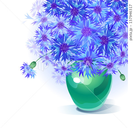 Vector greeting card with gentle bluebottle bouquet in green vase 137946317