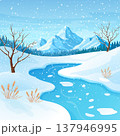 Beautiful Winter landscape with trees river and snowy mountains. 137946995