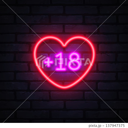 Neon heart with plus eighteen sign shining in red and purple. Glowing symbol clearly marks age restriction concept. Suitable for legal warnings, club entry signs Neon heart with plus eighteen sign shining in red and purple. Glowing symbol clearly marks age restriction concept. Suitable for legal warnings, club entry signs 137947375