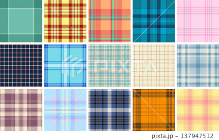 Plaid pattern set perfect for comfortable everyday wear. Seamless tartan repeats enhance dresses, shirts, skirts, and tops. Plaid pattern set perfect for comfortable everyday wear. Seamless tartan repeats enhance dresses, shirts, skirts, and tops. 137947512