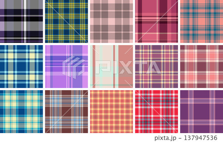 Classic plaid bundle for multipurpose spring projects. Versatile tartan patterns fit scarves, blankets, skirts, and home decor. Vector consistency ensures quality. 137947536