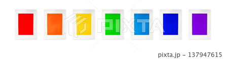 Set of seven isolated colorful rectangular blocks printed on white paper, arranged in rainbow spectrum. minimalist abstract artwork. Background for card or template design for flyer 137947615