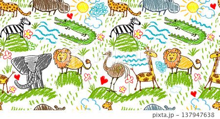 Seamless pattern children's drawings of African animals. Hand drawn. Not AI, vector illustration. 137947638