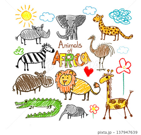 Cartoon Set of African animals for children's drawings. Hand drawn. Not AI, vector illustration. 137947639