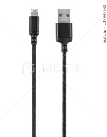 Cable and connector for USB, Lightning, on a white background, collage 137947642