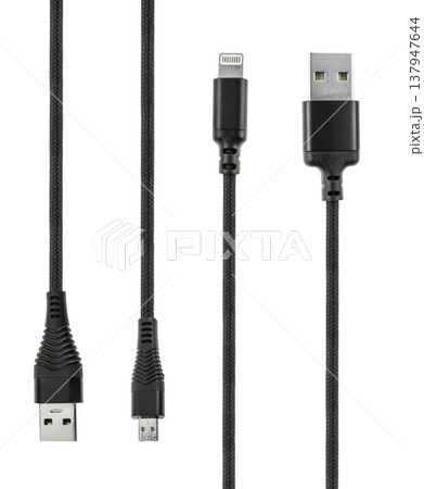 Cable and connector for USB, Micro USB, Lightning, on a white background, collage 137947644