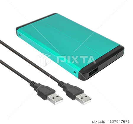 external hard drive, pocket, with connection cable on a white background in isolation 137947671