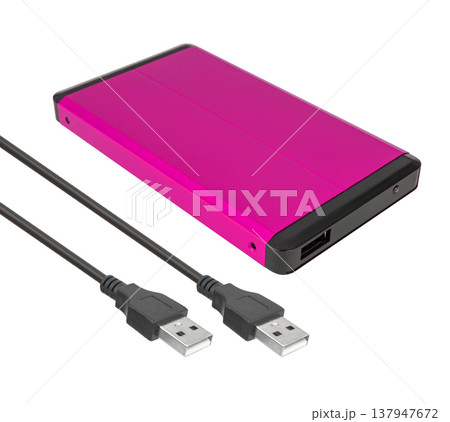 external hard drive, pocket, with connection cable on a white background in isolation 137947672