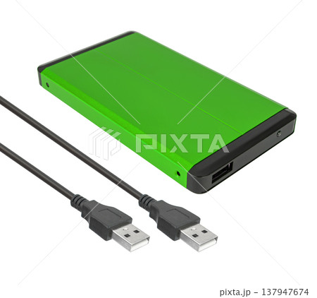 external hard drive, pocket, with connection cable on a white background in isolation 137947674