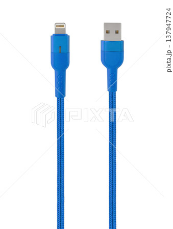 connector with cable, USB, Lightning, blue, isolated on white background connector with cable, USB, Lightning, blue, isolated on white background 137947724