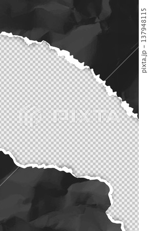 Black torn paper sheet frame edges with empty space on transparent background, vector ripped crumpled texture page 137948115