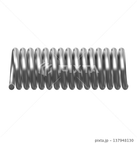 A chrome-plated metal coil spring, horizontally positioned. 137948130