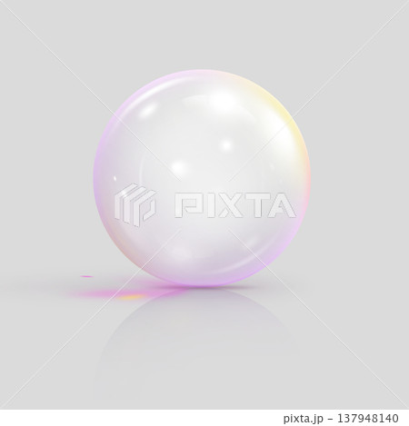 Realistic 3D glass balls with pink and yellow paint glares and shadow reflection, vector transparent crystal bubble 137948140